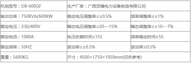 600kw玉柴发电机主要技术参数