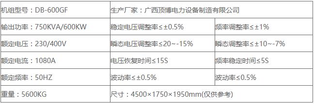 600kw玉柴发电机主要技术参数